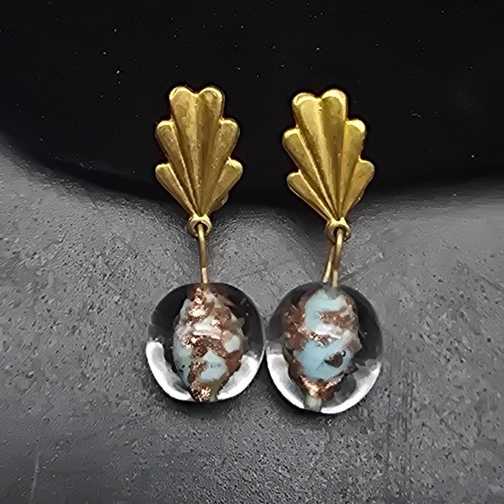 Venetian Glass Clip On Earrings Blue Gold TOne Vintage Jewelry